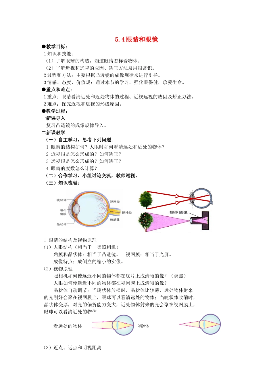广东省广州市花都区赤坭中学八年级物理上册 5.4 眼睛和眼镜教案 （新版）新人教版_第1页