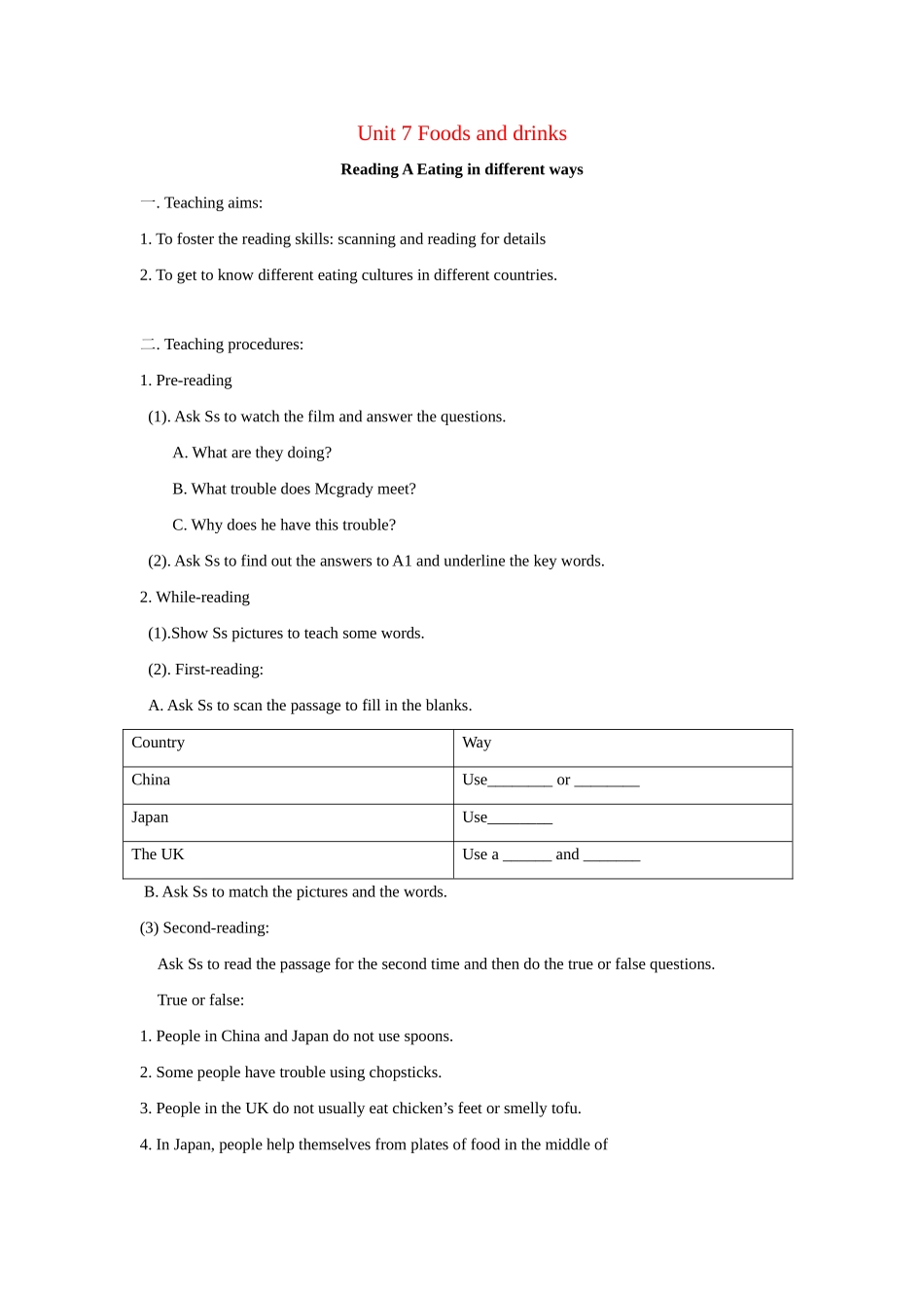 广东省广州市七年级英语下册：Unit 7 Foods and drinks Reading教案（牛津）_第1页