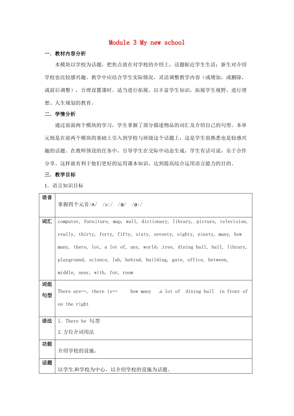 广东省佛山市第十四中学七年级英语上册 Module 3 My new school教案 （新版）外研版_第1页