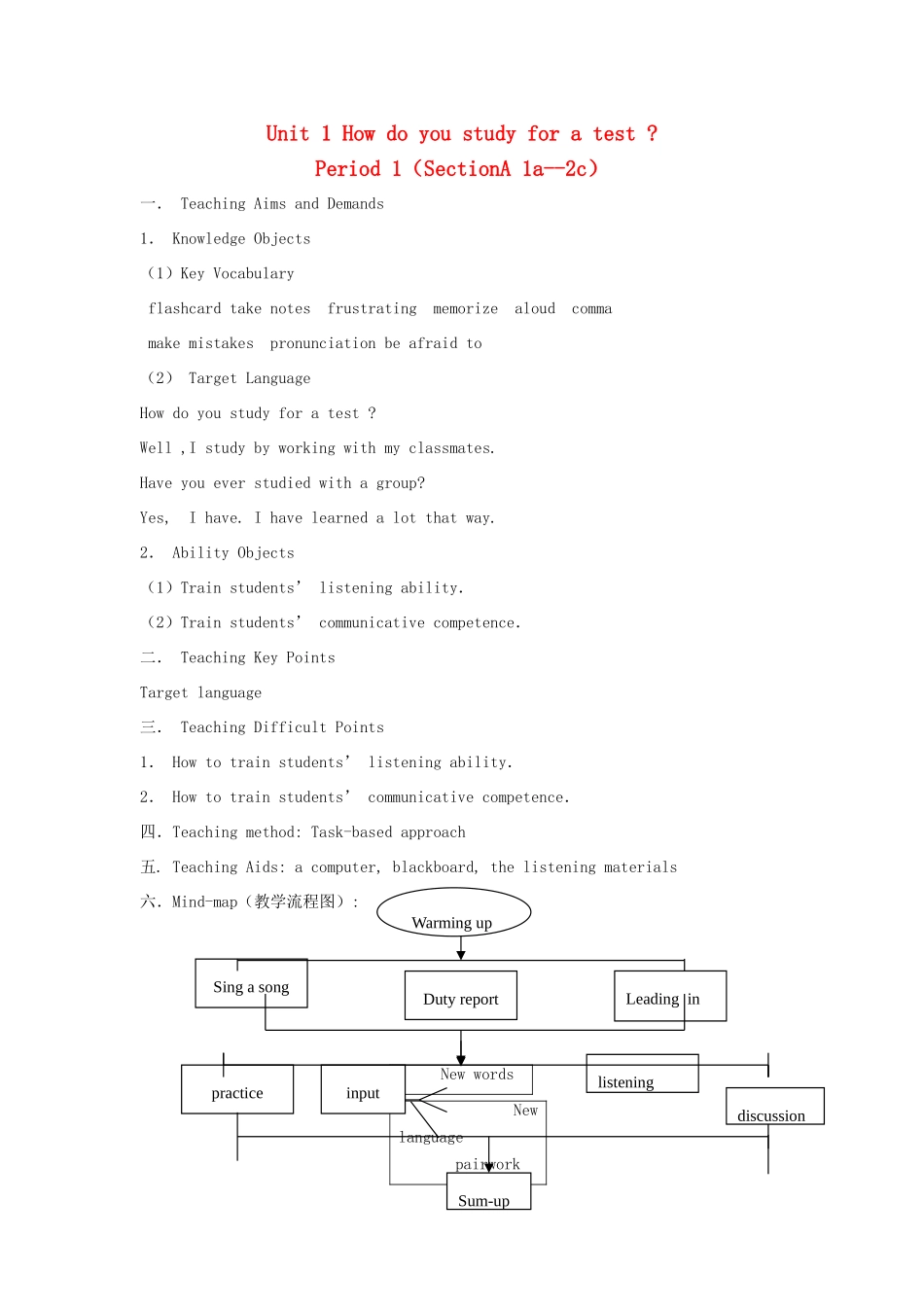 广东地区九年级英语全册 Unit 1 How do you study for a test Period 1 教学设计 人教新目标版_第1页