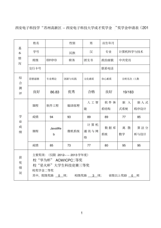 2013年本科生社会奖学金申请表