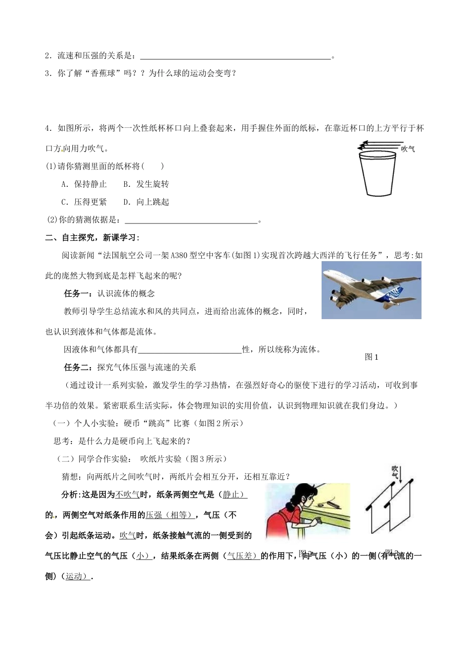 山西省阳泉市矿区教研室八年级物理下册《流体压强与流速的关系》教学设计 新人教版_第2页