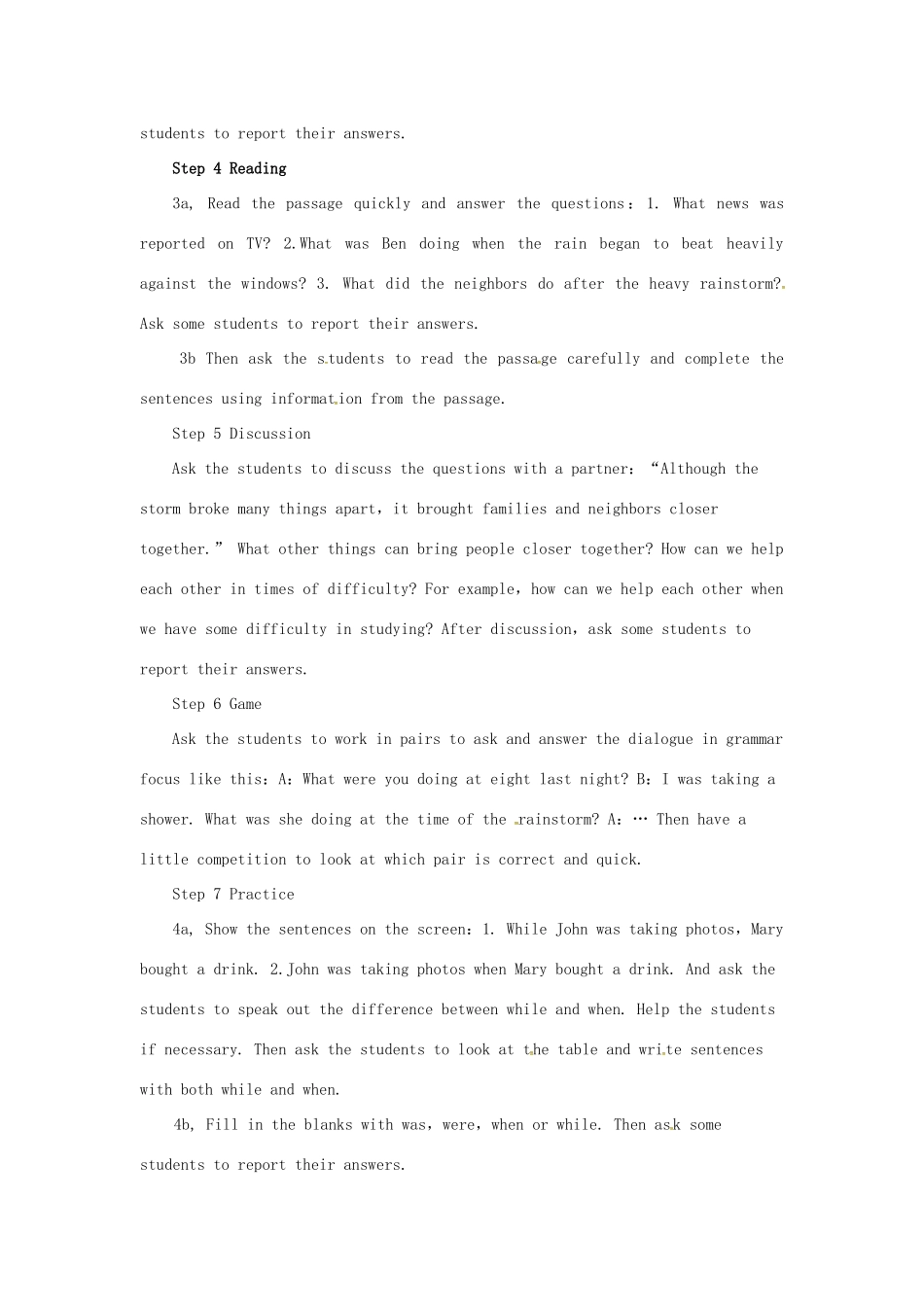 山东郓城县随官屯镇八年级英语下册 Unit 5 What were you doing when the rainstorm came（第2课时）Section A（3a-4c）教学设计 （新版）人教新目标版-（新版）人教新目标版初中八年级下册英语教案_第2页