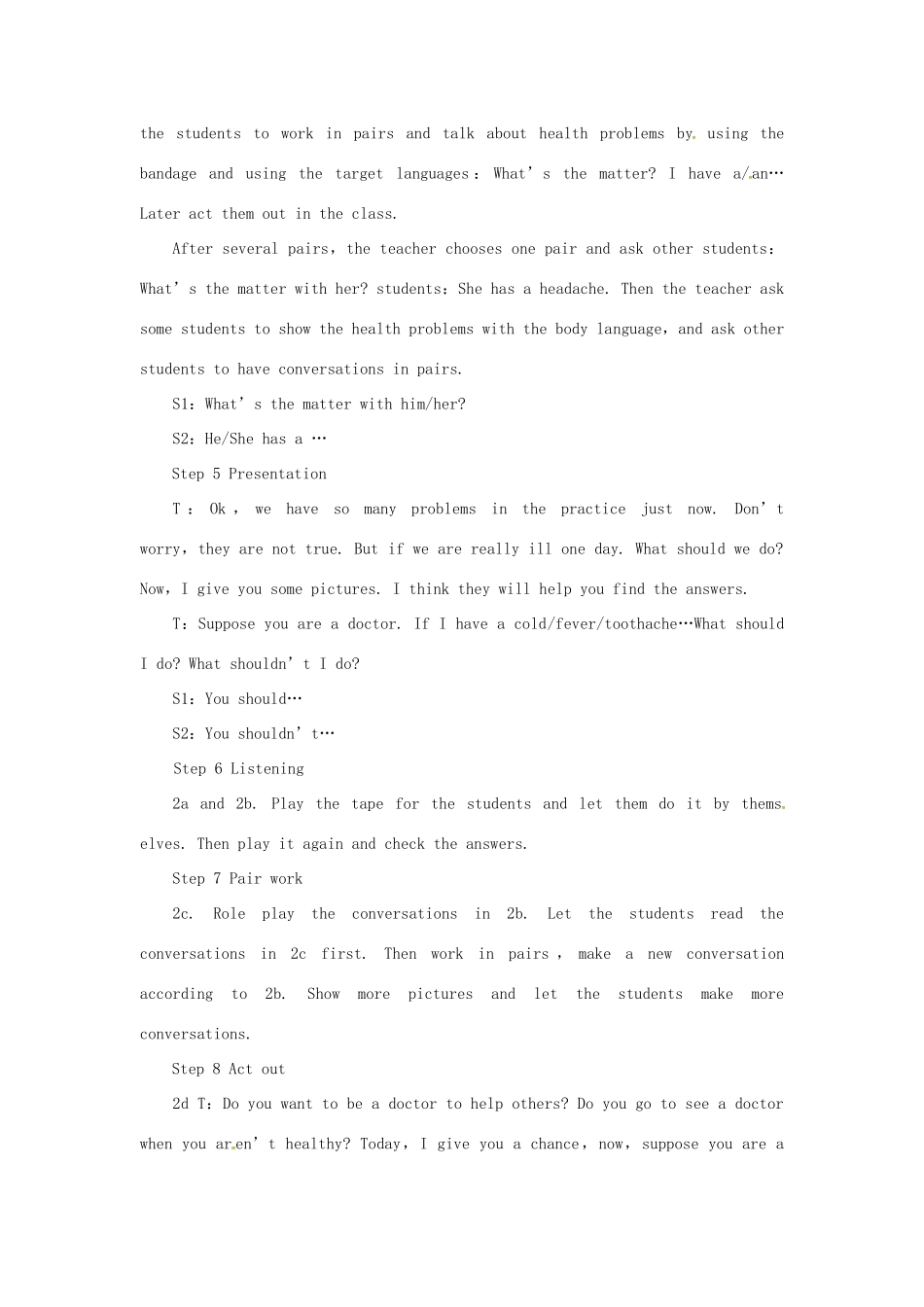 山东郓城县随官屯镇八年级英语下册 Unit 1 What’s the matter（第1课时）Section A（1a-2d）教学设计 （新版）人教新目标版-（新版）人教新目标版初中八年级下册英语教案_第3页