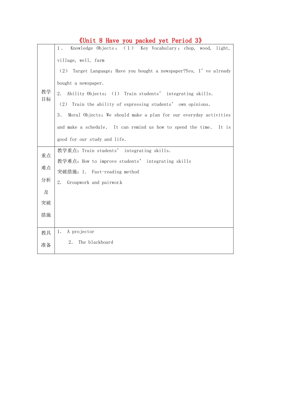 山东省龙口市诸由观镇诸由中学八年级英语下册《Unit 8 Have you packed yet Period 3》教案 鲁教版五四制_第1页