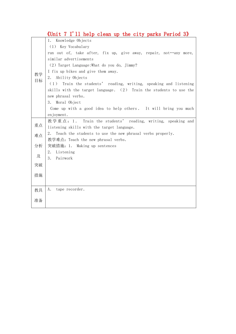 山东省龙口市诸由观镇诸由中学八年级英语下册《Unit 7 I'll help clean up the city parks Period 3》教案 鲁教版五四制_第1页