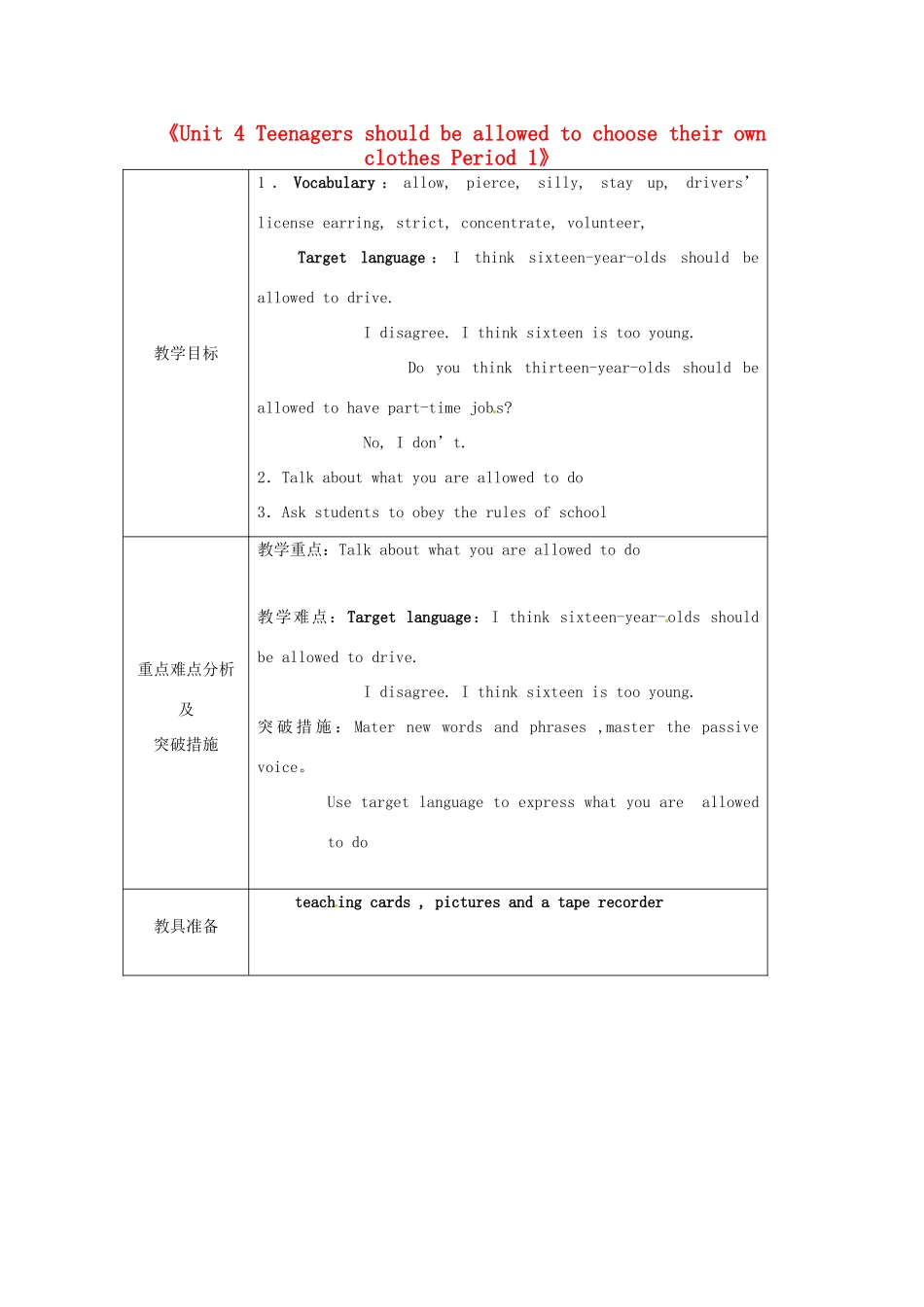 山东省龙口市诸由观镇诸由中学八年级英语下册《Unit 4 Teenagers should be allowed to choose their own clothes Period 1》教案 鲁教版五四制_第1页