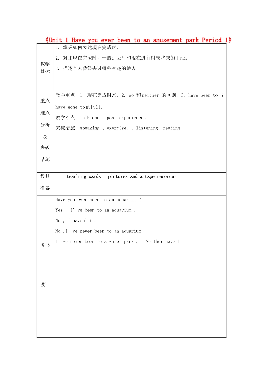 山东省龙口市诸由观镇诸由中学八年级英语下册《Unit 1 Have you ever been to an amusement park Period 1》教案 鲁教版五四制_第1页