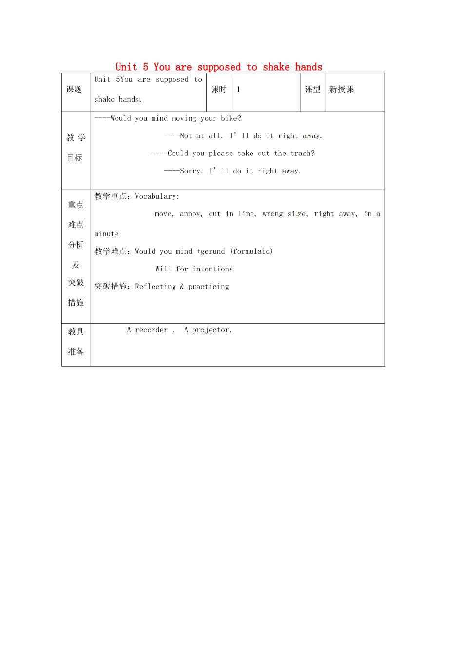 山东省龙口市诸由观镇诸由中学九年级英语全册《Unit 5 You are supposed to shake hands》教案3 鲁教版五四制_第1页