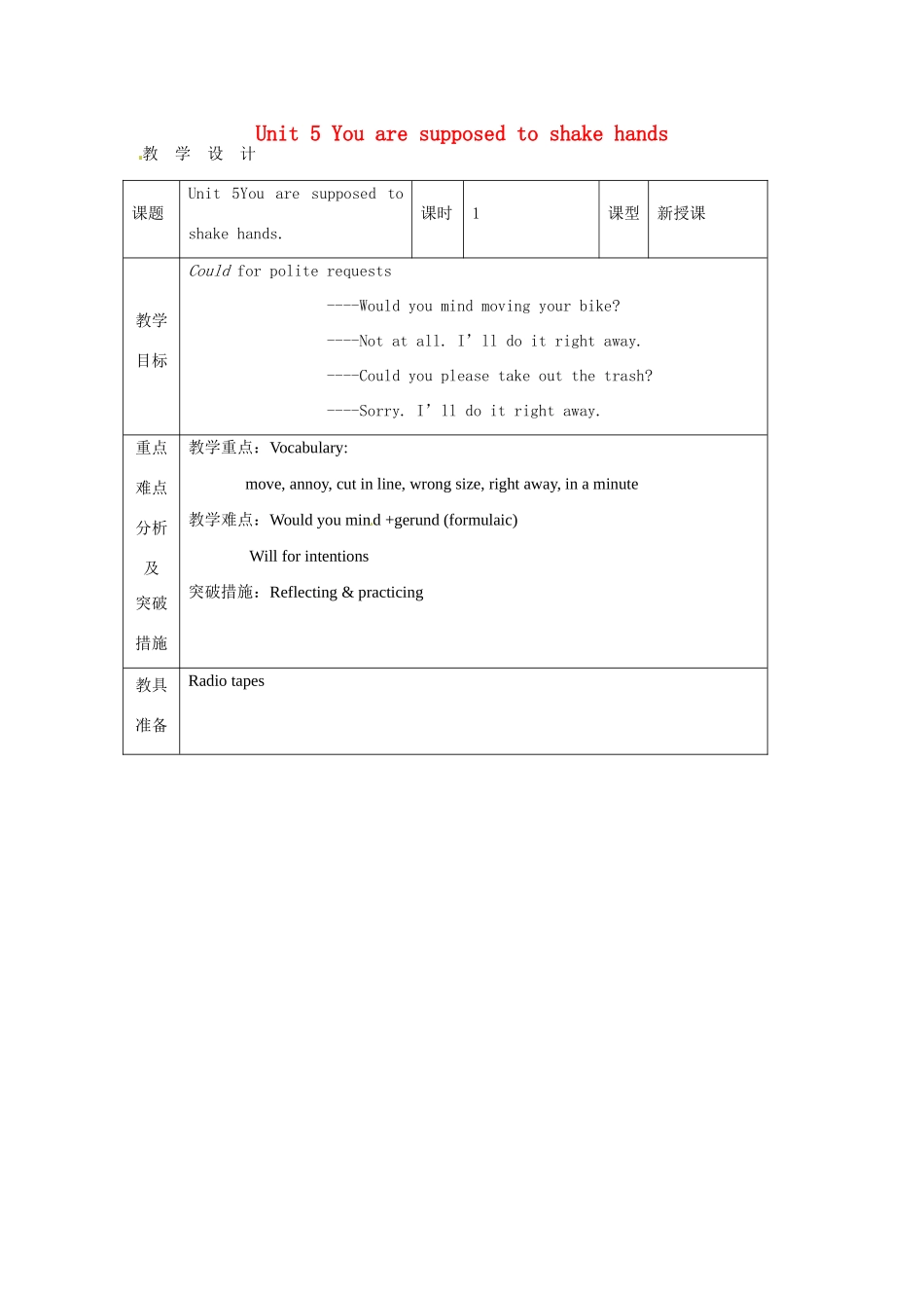 山东省龙口市诸由观镇诸由中学九年级英语全册《Unit 5 You are supposed to shake hands》教案1 鲁教版五四制_第1页
