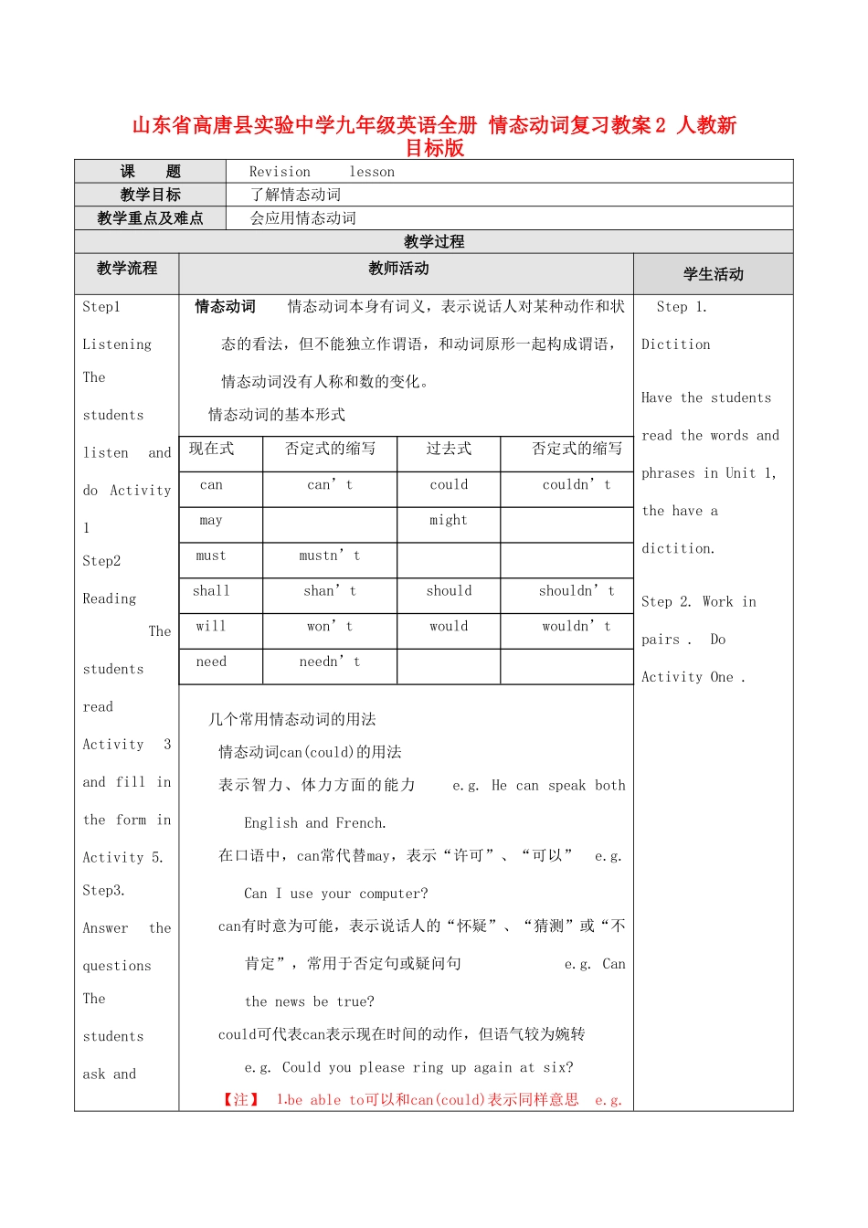 山东省高唐县实验中学九年级英语全册 情态动词复习教案2 人教新目标版_第1页