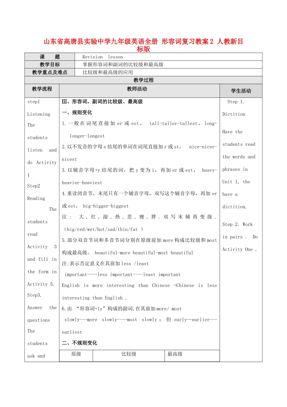 山东省高唐县实验中学九年级英语全册 形容词复习教案2 人教新目标版_第1页