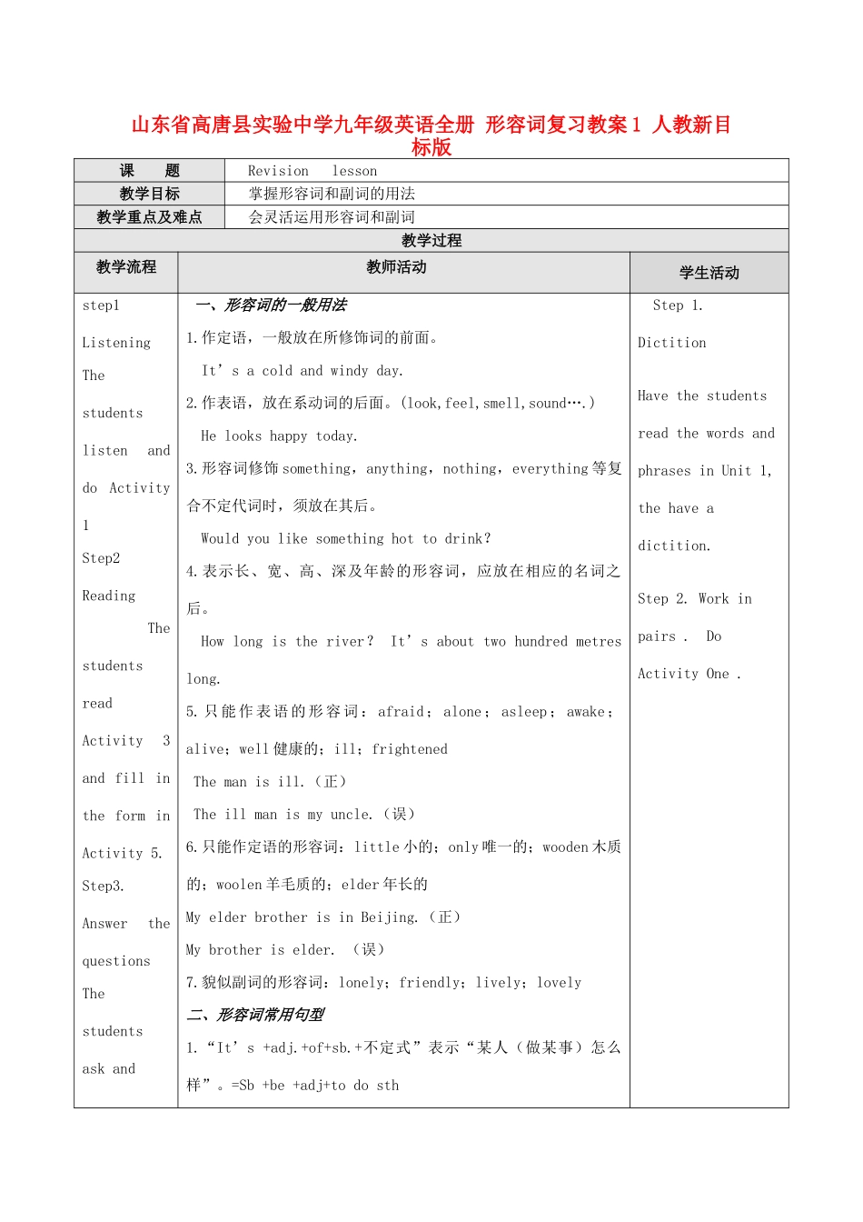 山东省高唐县实验中学九年级英语全册 形容词复习教案1 人教新目标版_第1页