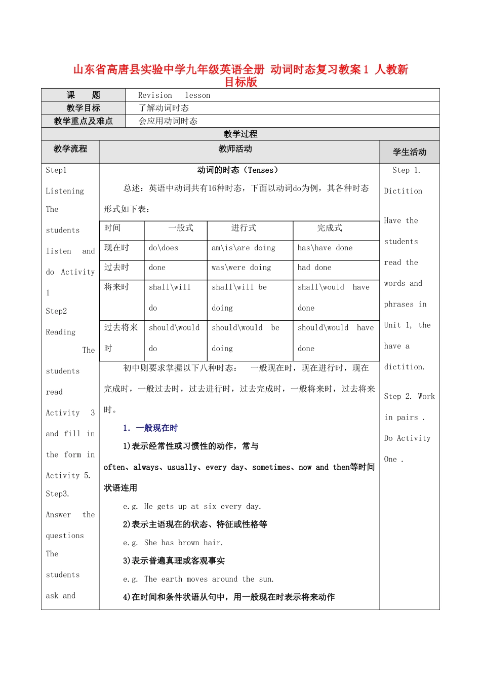 山东省高唐县实验中学九年级英语全册 动词时态复习教案1 人教新目标版_第1页