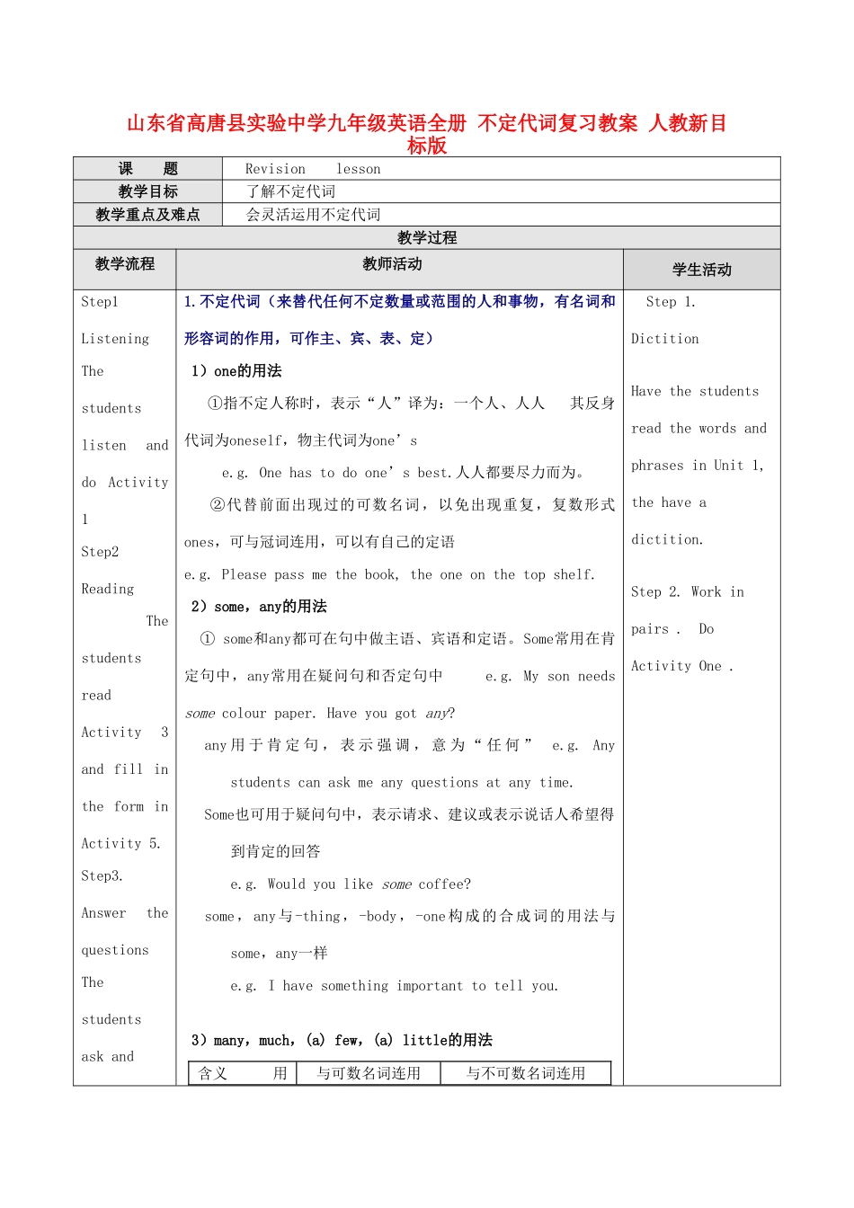 山东省高唐县实验中学九年级英语全册 不定代词复习教案 人教新目标版_第1页