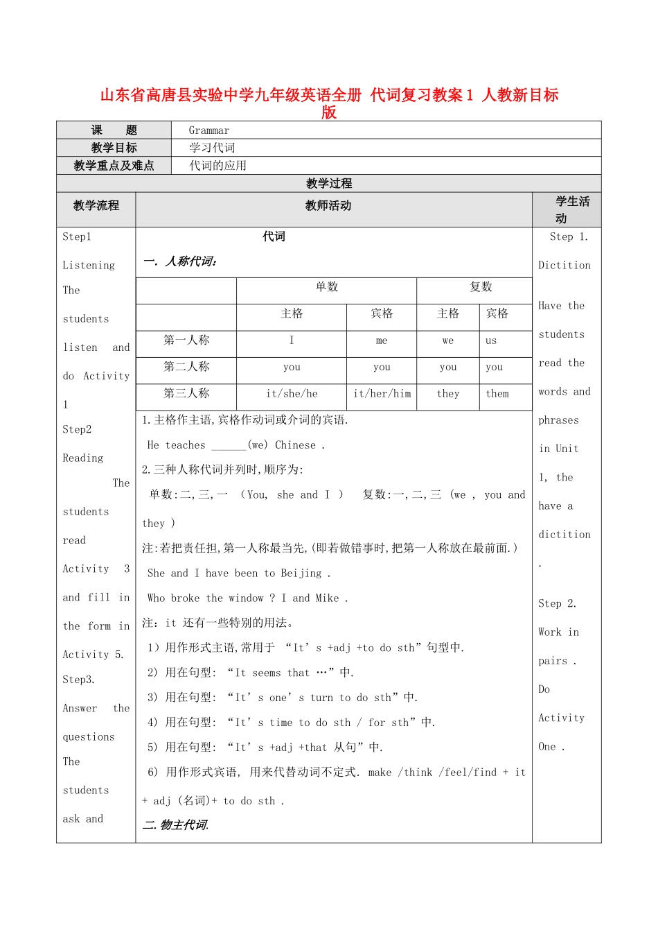 山东省高唐县实验中学九年级英语全册 代词复习教案1 人教新目标版_第1页
