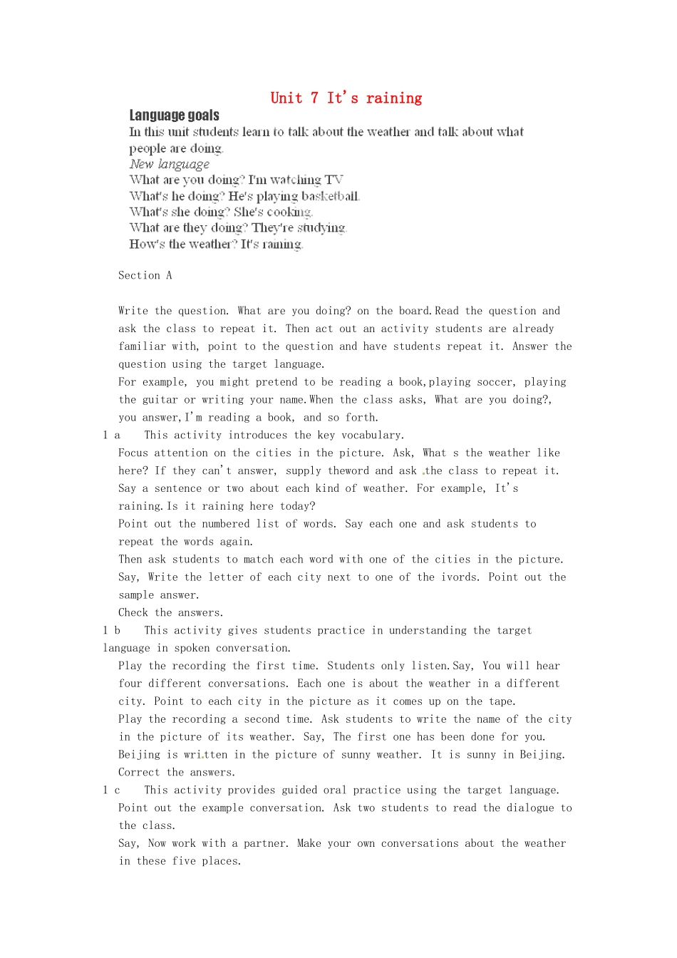 山东省青岛市平度市灰埠镇灰埠中学七年级英语下册 Unit 7 It's raining教案 （新版）人教新目标版_第1页