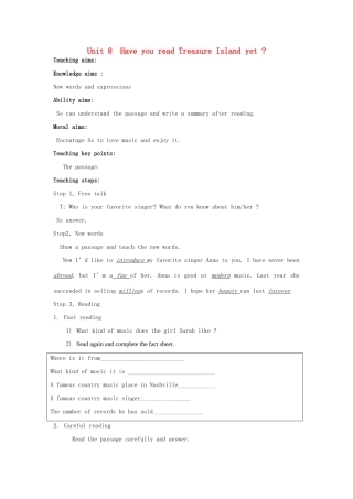 山东省郯城县新村乡中学八年级英语下册 Unit 8 Have you read Treasure Island yet Section B（2a-2e）教案 （新版）人教新目标板