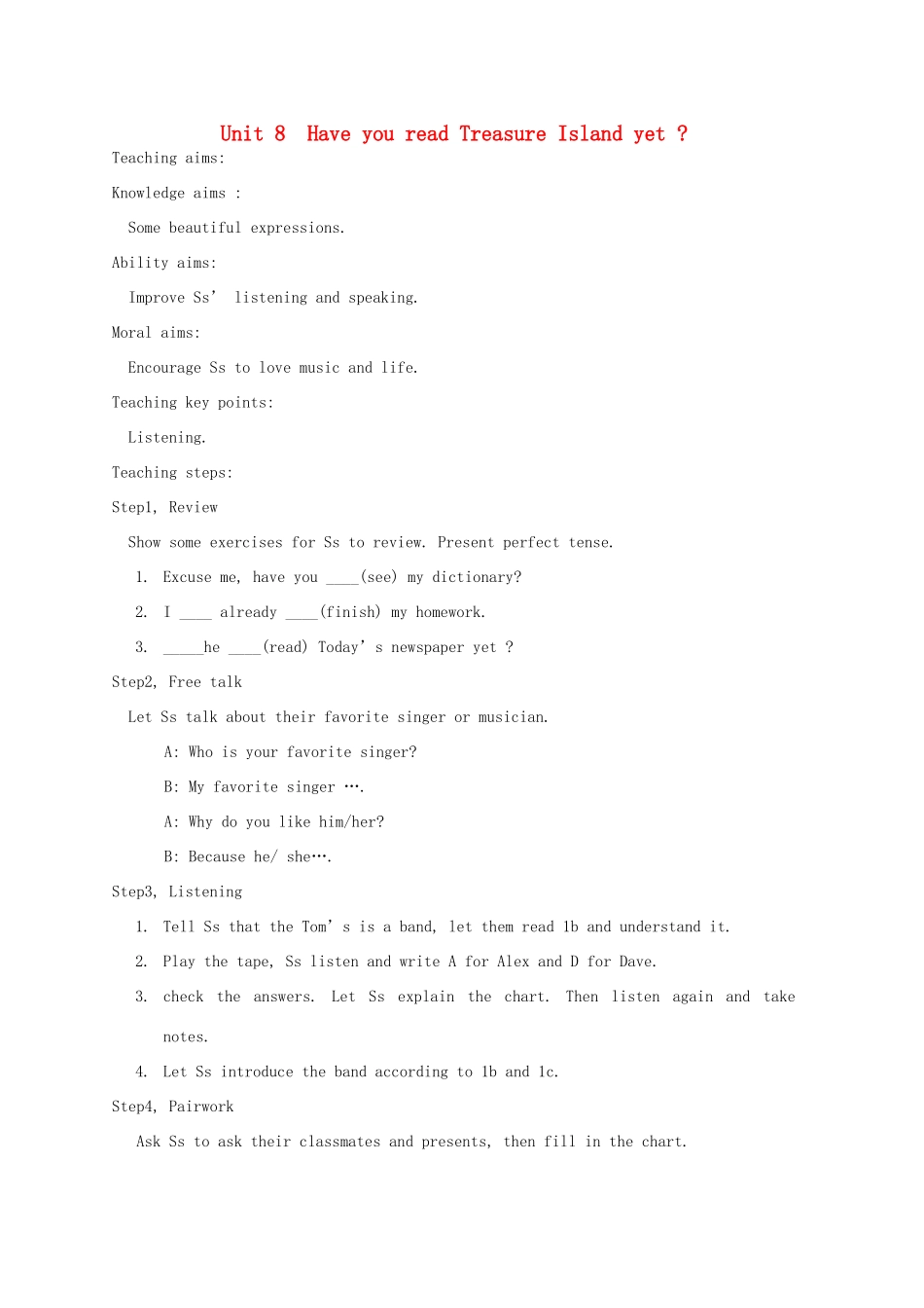 山东省郯城县新村乡中学八年级英语下册 Unit 8 Have you read Treasure Island yet Section B（1a-1d）教案 （新版）人教新目标板_第1页
