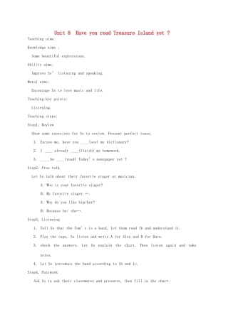 山东省郯城县新村乡中学八年级英语下册 Unit 8 Have you read Treasure Island yet Section B（1a-1d）教案 （新版）人教新目标板