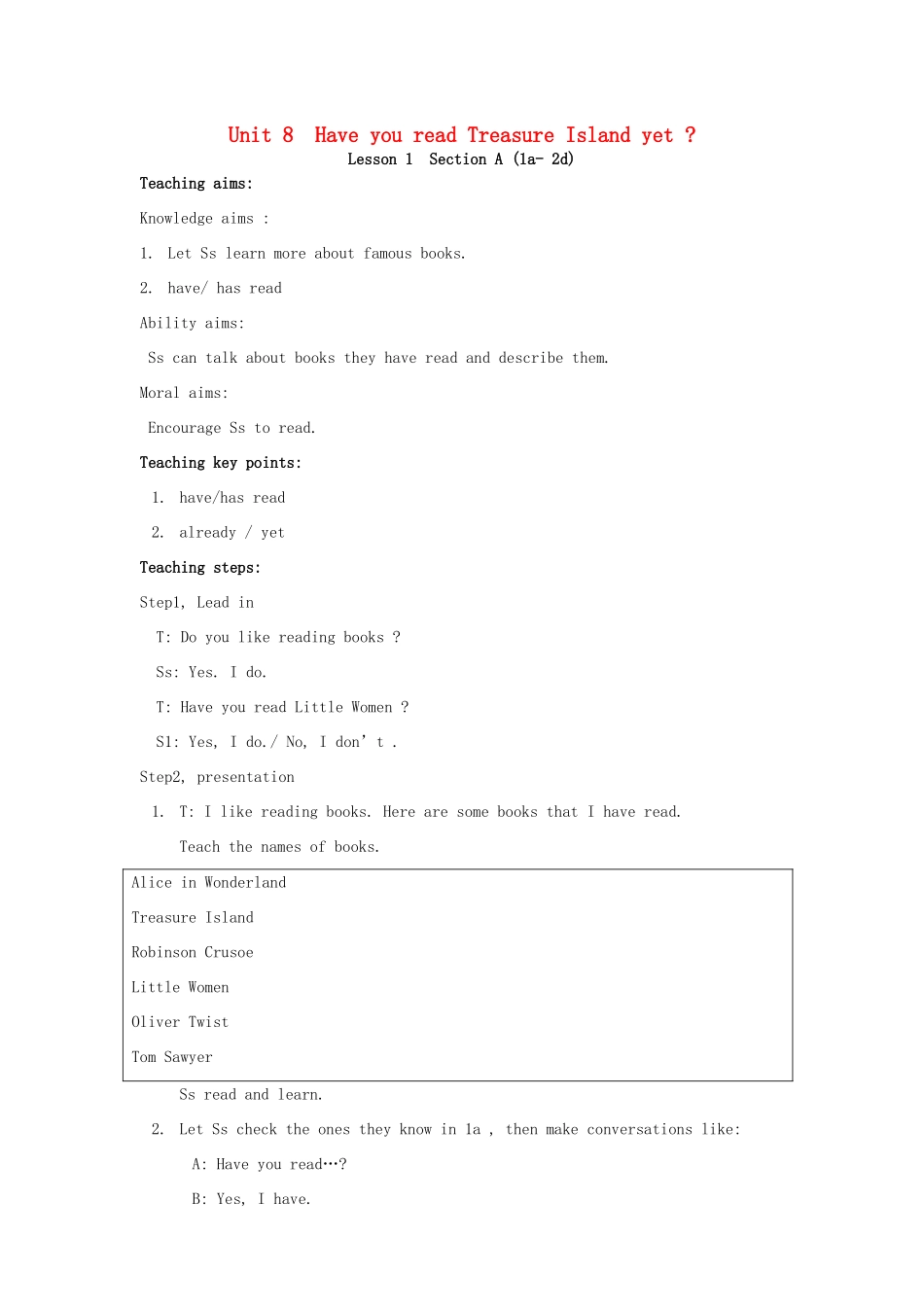 山东省郯城县新村乡中学八年级英语下册 Unit 8 Have you read Treasure Island yet Section A（1a-2d）教案 （新版）人教新目标板_第1页