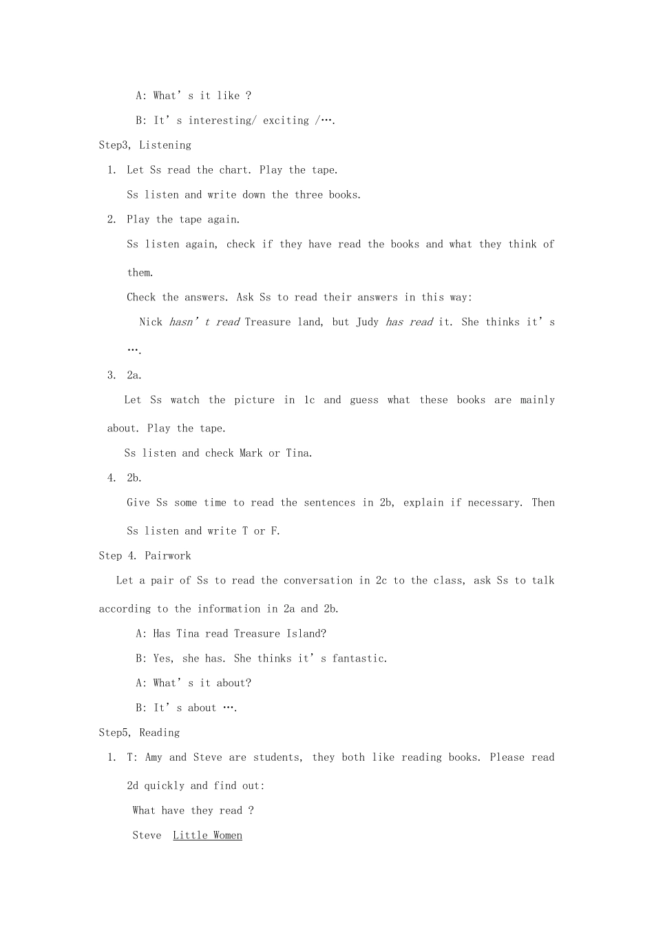山东省郯城县新村乡中学八年级英语下册 Unit 8 Have you read Treasure Island yet Section A（1a-2d）教案 （新版）人教新目标板_第2页