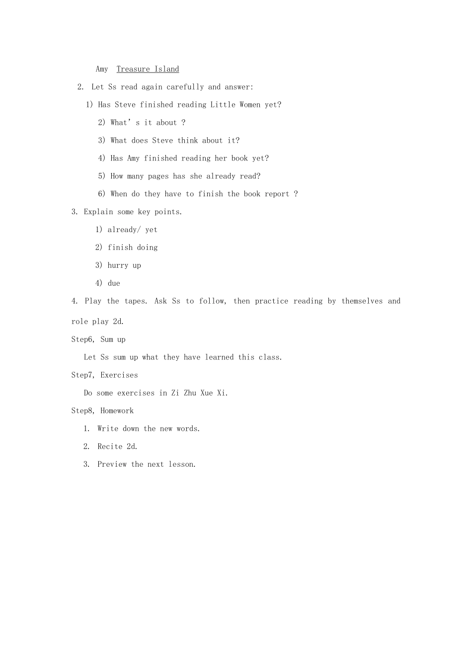 山东省郯城县新村乡中学八年级英语下册 Unit 8 Have you read Treasure Island yet Section A（1a-2d）教案 （新版）人教新目标板_第3页