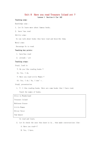 山东省郯城县新村乡中学八年级英语下册 Unit 8 Have you read Treasure Island yet Section A（1a-2d）教案 （新版）人教新目标板