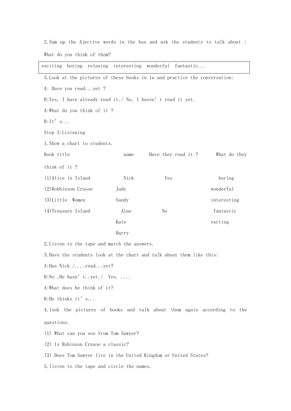 山东省郯城县新村乡中学八年级英语下册 Unit 8 Have you read Treasure Island yet Section A（1a-2d）教学设计 （新版）人教新目标板_第2页
