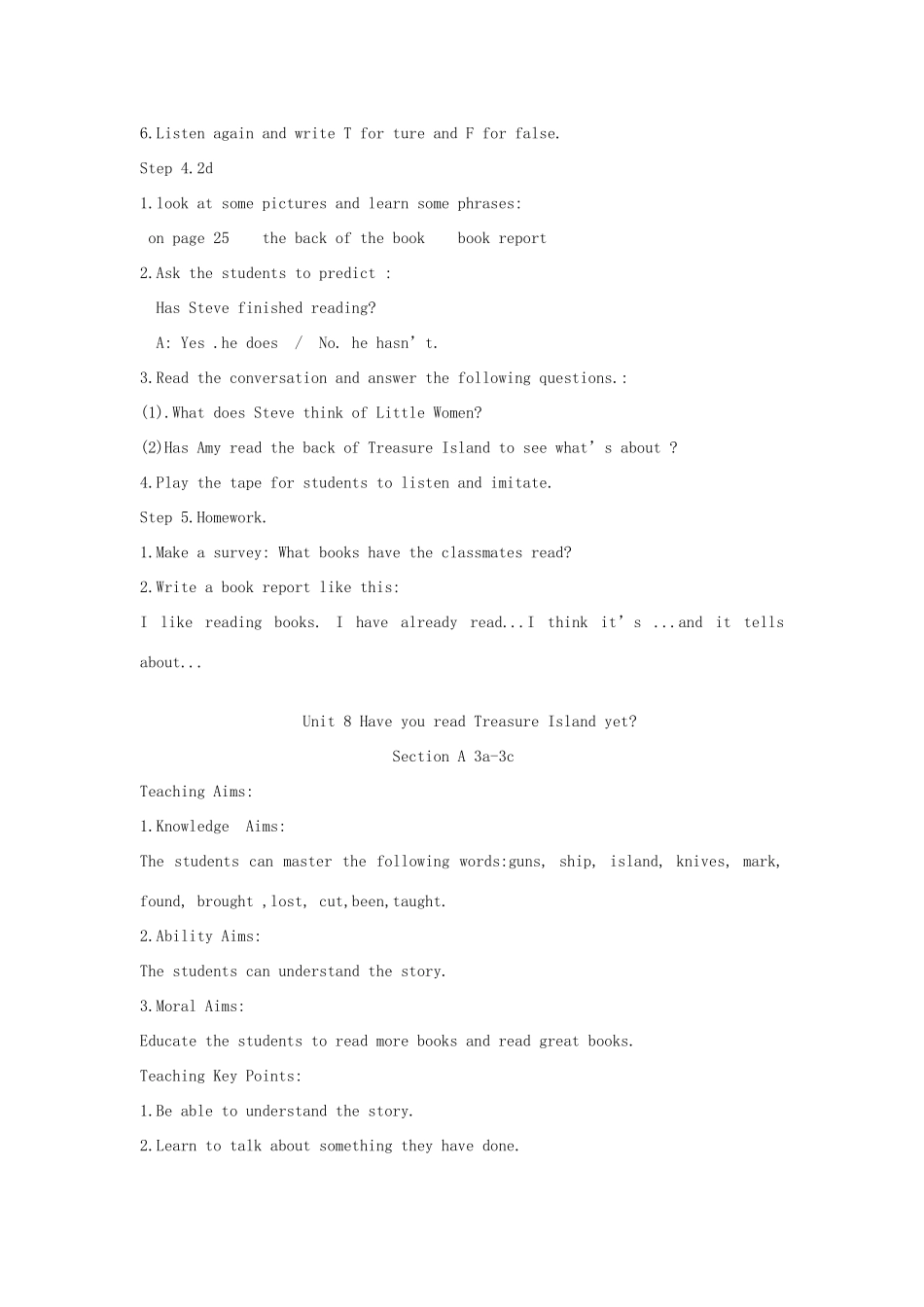 山东省郯城县新村乡中学八年级英语下册 Unit 8 Have you read Treasure Island yet Section A（1a-2d）教学设计 （新版）人教新目标板_第3页