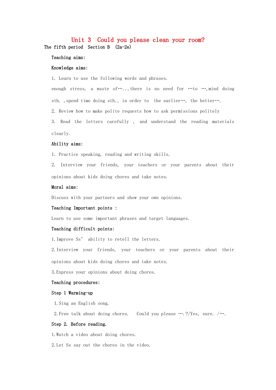 山东省郯城县新村乡中学八年级英语下册 Unit 3 Could you please clean your room Period 4教案 （新版）人教新目标板_第1页