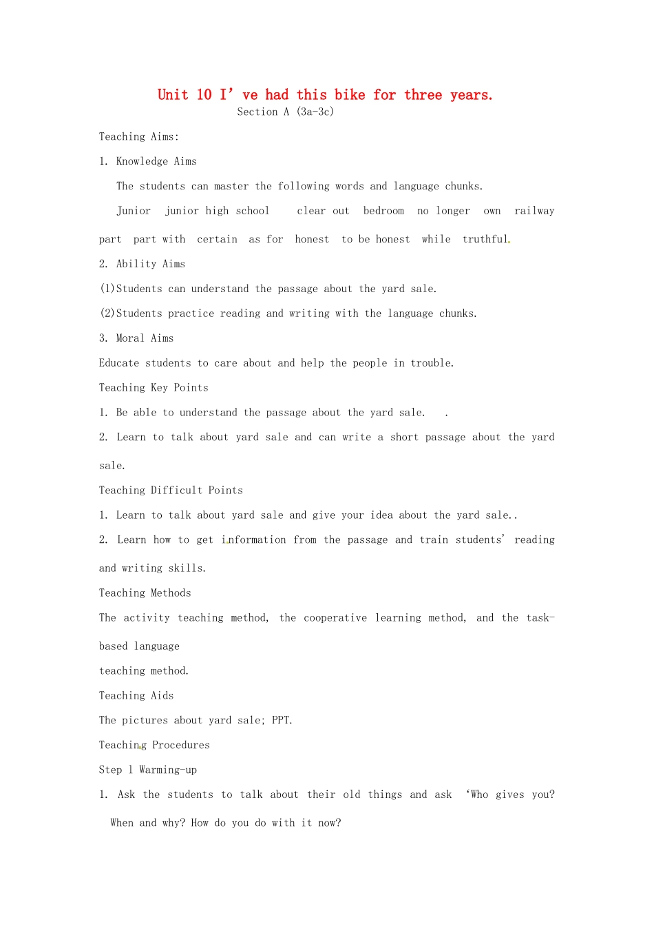 山东省郯城县新村乡中学八年级英语下册 Unit 10 I’ve had this bike for three years Section A（3a-3c）教案1 （新版）人教新目标板_第1页