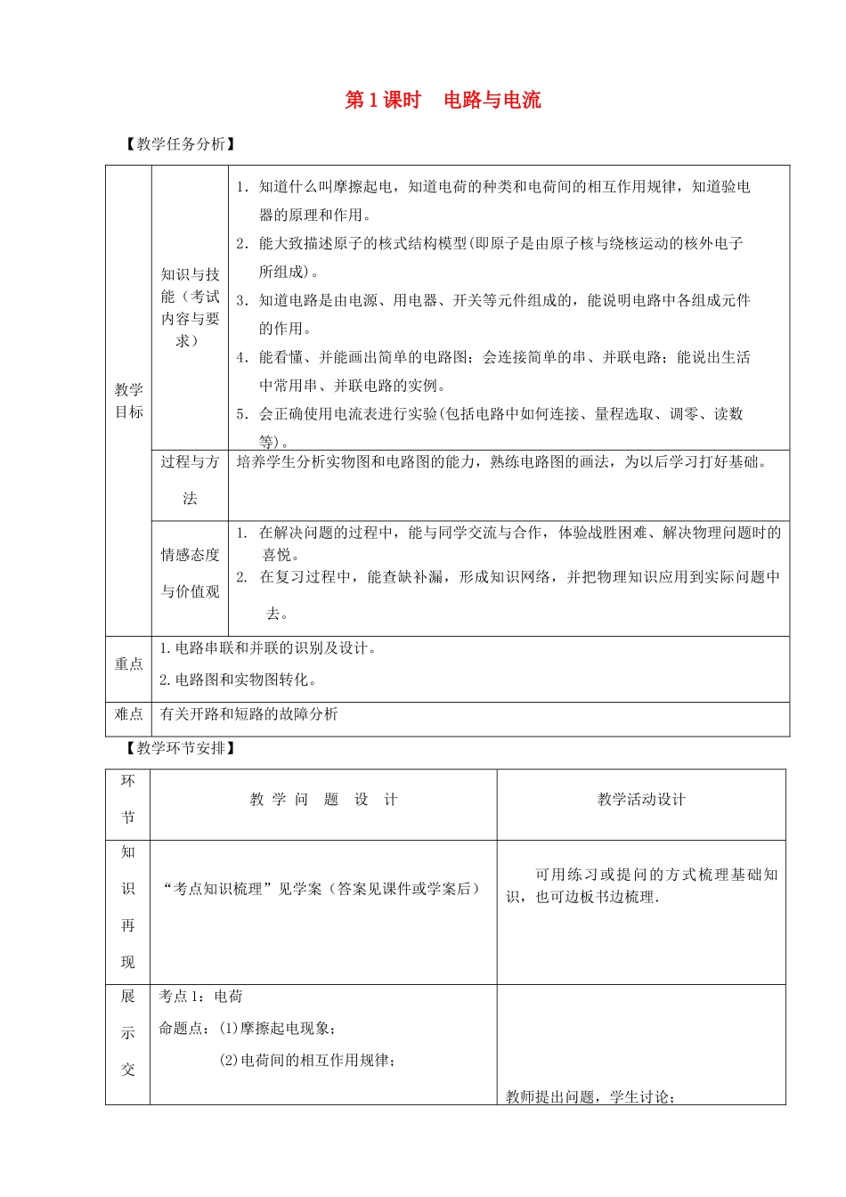 山东省郯城县中考物理 专题十二 电路 第1课时 电路与电流复习教案-人教版初中九年级全册物理教案_第1页