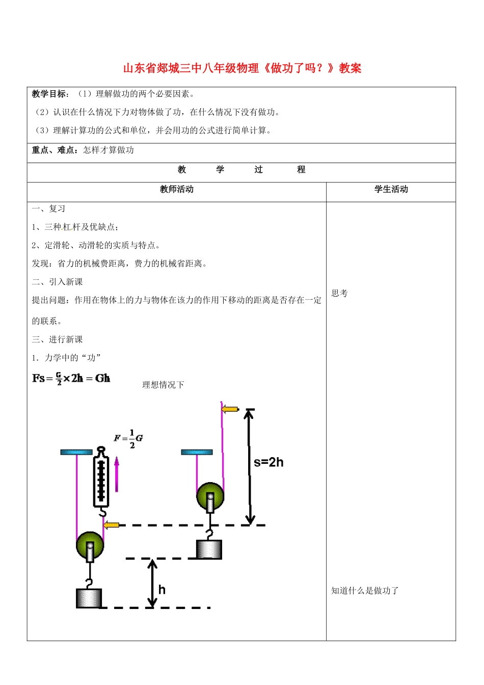 山东省郯城三中八年级物理《做功了吗？》教案_第1页