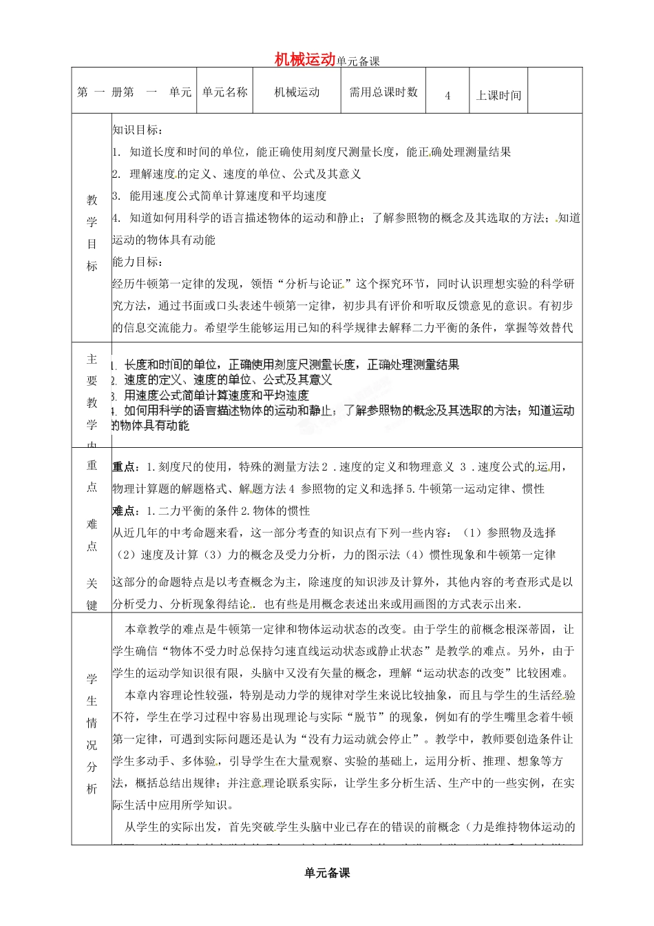山东省邹平县实验中学八年级物理上册《第一章 机械运动》单元备课教案 新人教版_第1页