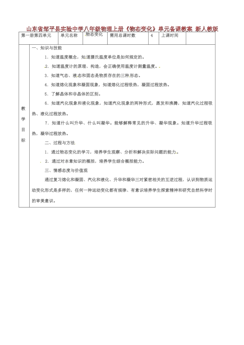 山东省邹平县实验中学八年级物理上册《物态变化》单元备课教案 新人教版_第1页