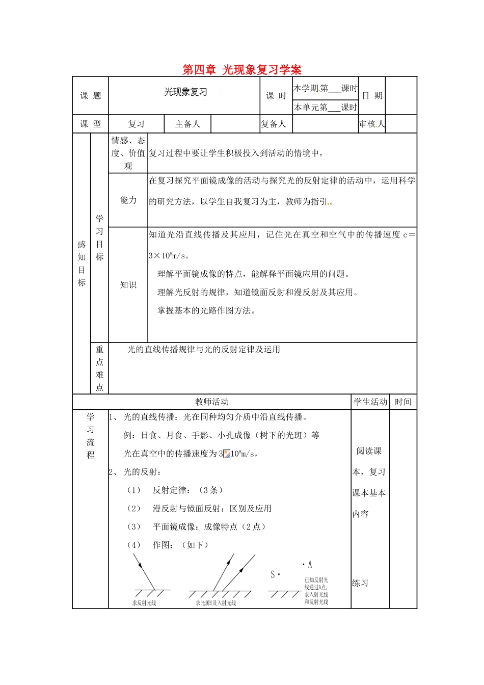 山东省邹平县实验中学八年级物理上册 第四章 光现象复习教案 （新版）新人教版_第1页