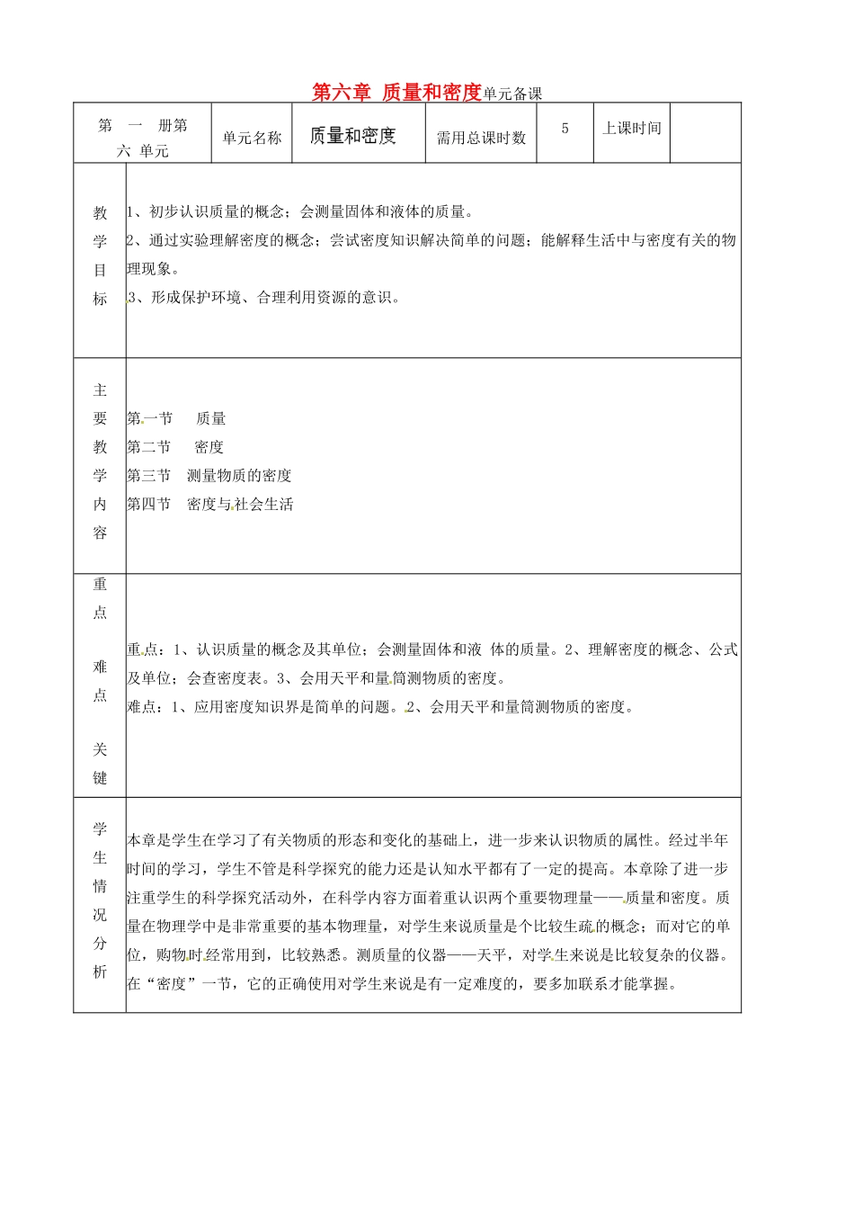 山东省邹平县实验中学八年级物理上册 第六章 质量和密度单元备课教案 （新版）新人教版_第1页