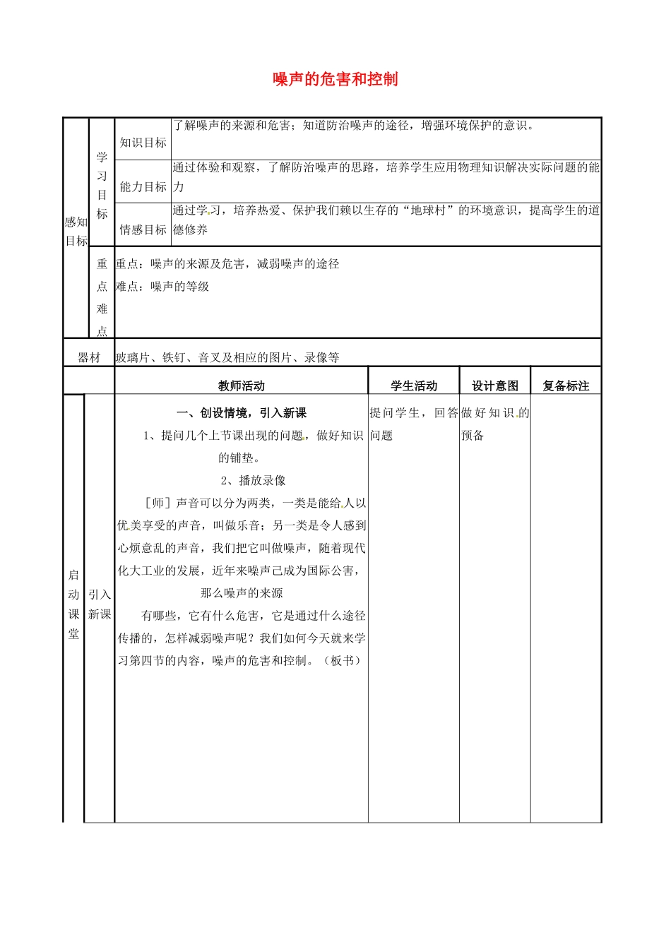 山东省邹平县实验中学八年级物理上册 2.4 噪声的危害和控制教案 （新版）新人教版_第1页