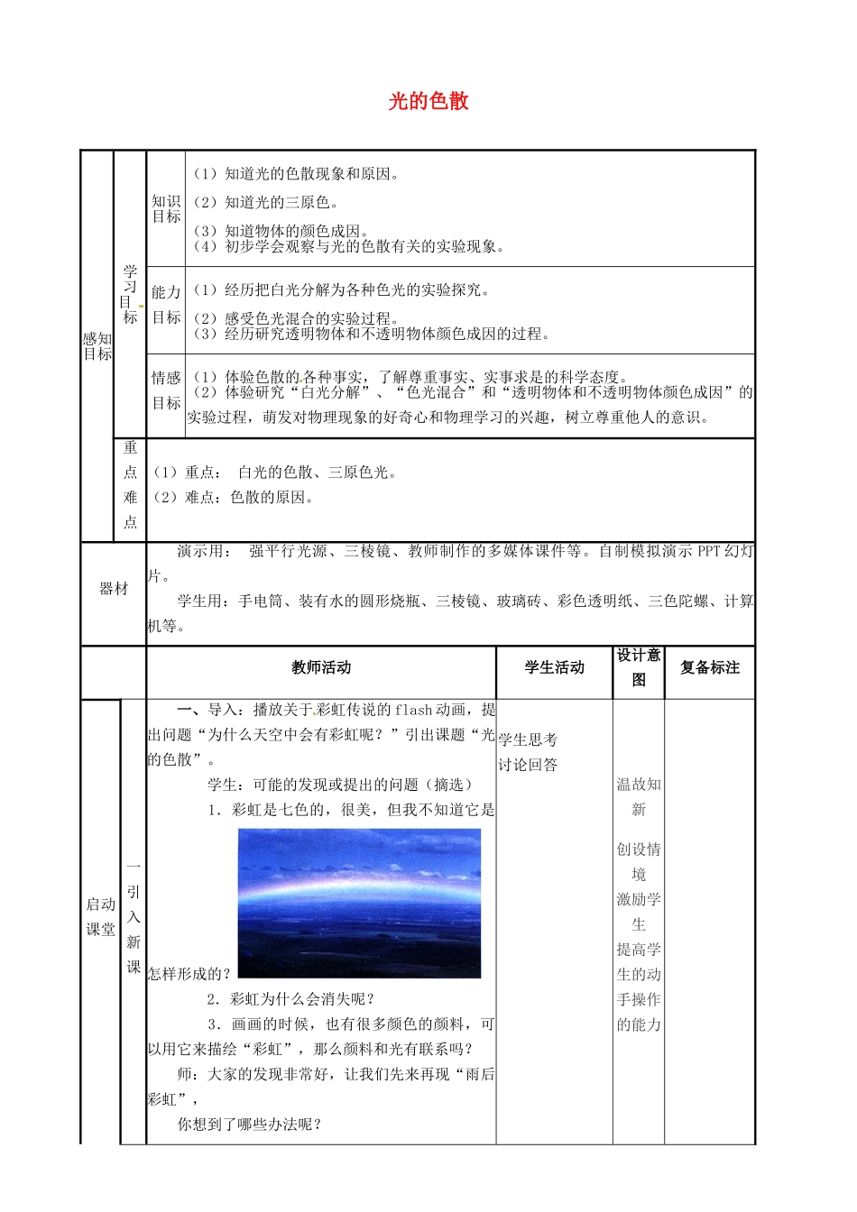 山东省邹平县实验中学八年级物理上册 4.5 光的色散教案 （新版）新人教版_第1页