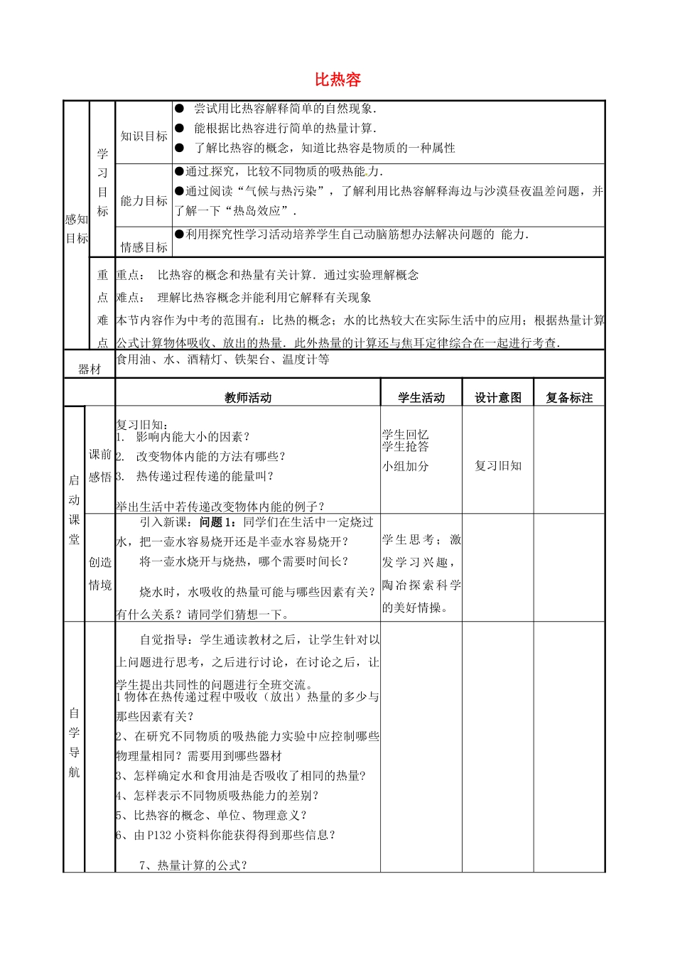 山东省邹平县实验中学九年级物理全册 13.3 比热容教案_第1页