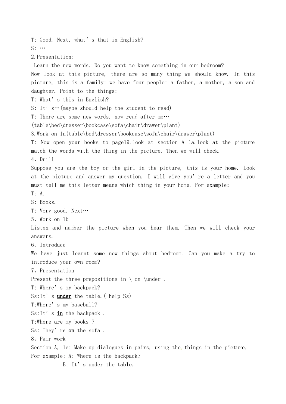 山东省胶南市理务关镇中心中学七年级英语上册《Unit 4 Where is my backpack》教案 人教新目标版_第3页