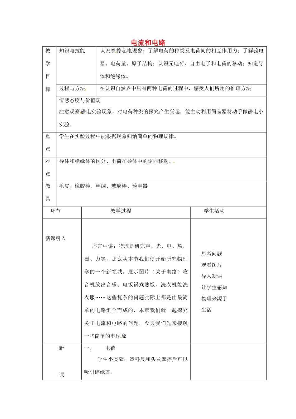山东省胶南市大场镇中心中学九年级物理全册 电流和电路教案 新人教版_第1页