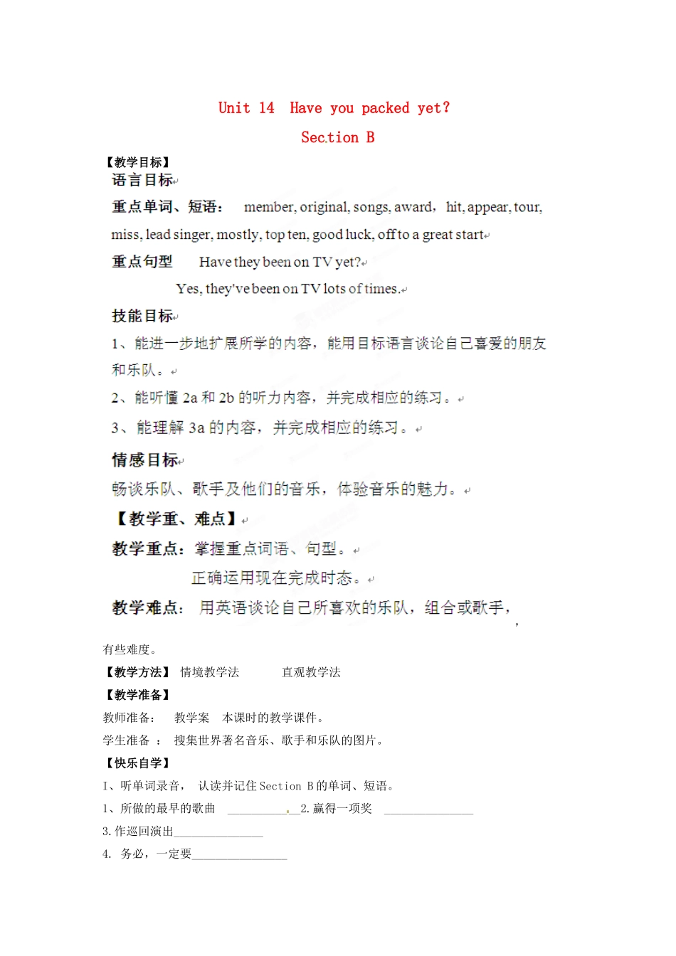 山东省肥城市湖屯镇九年级英语《Unit14  Have you packed yet》教案3 人教新目标版_第1页