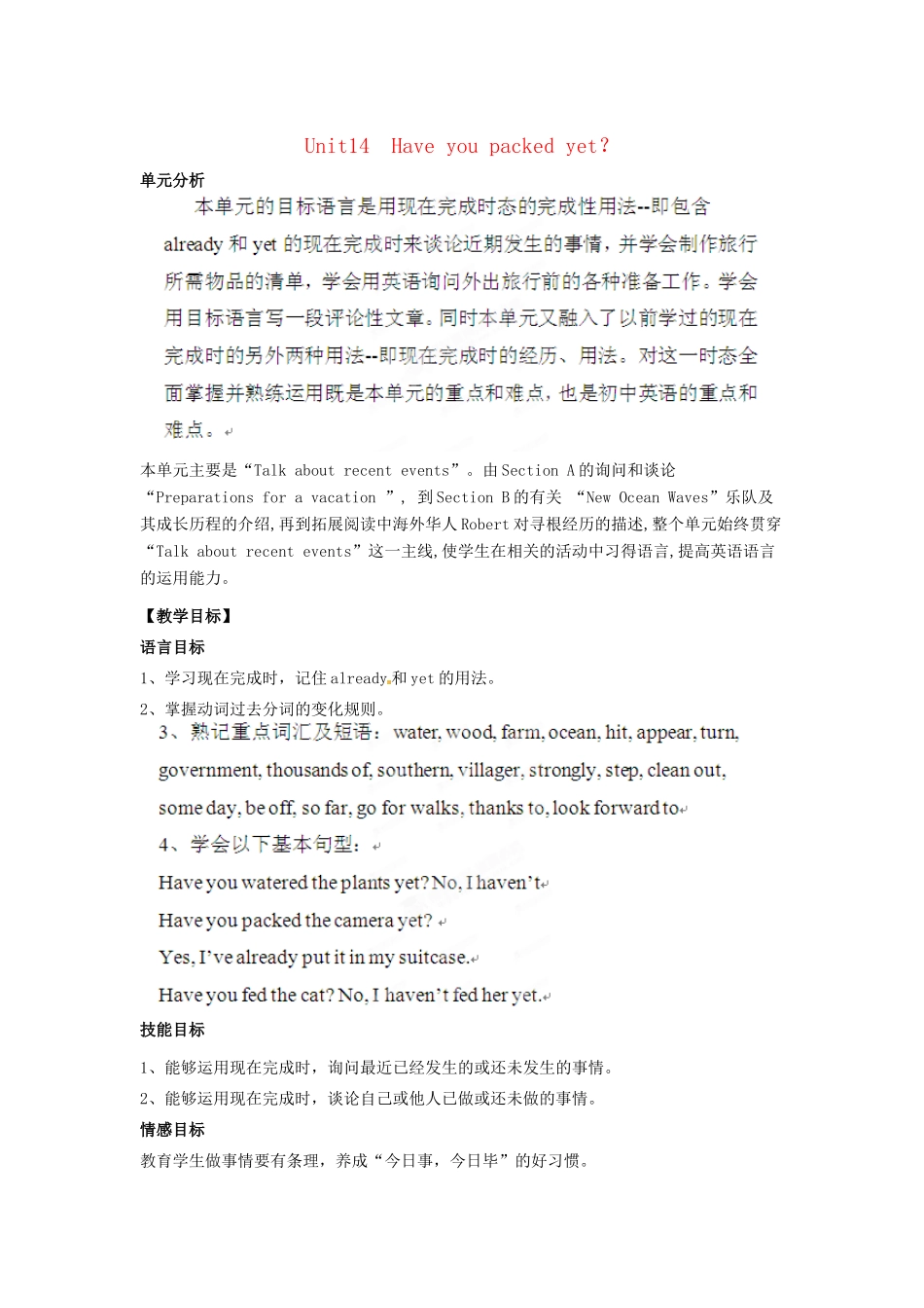山东省肥城市湖屯镇九年级英语《Unit14  Have you packed yet》教案1 人教新目标版_第1页