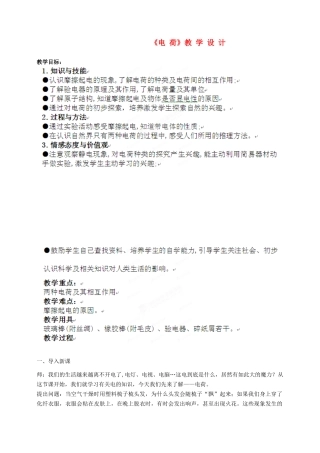 山东省肥城市湖屯镇九年级物理《电荷》教案 人教新课标版