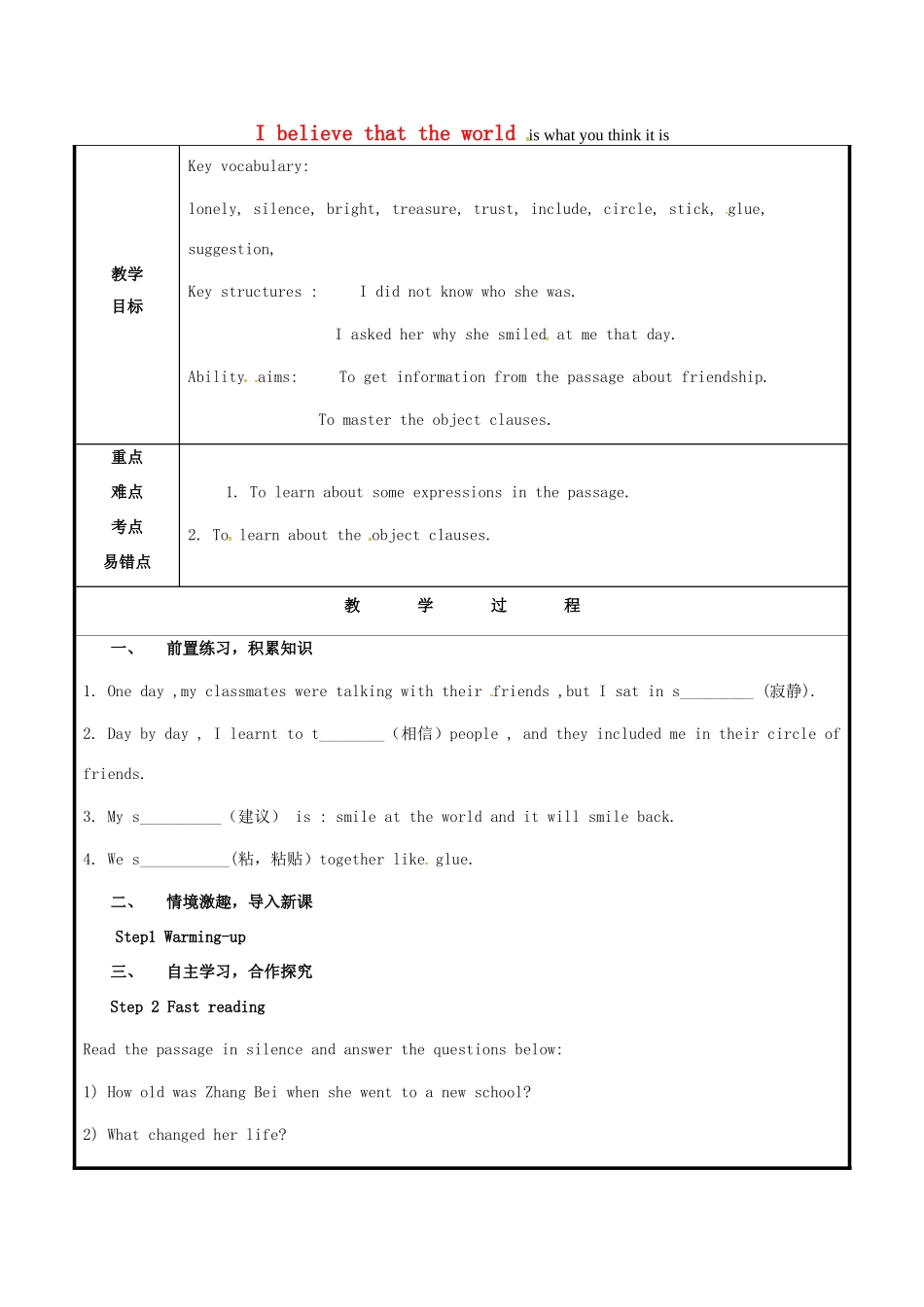 山东省聊城市高唐县八年级英语下册 Module 9 Friendship Unit 2 I believe that the world is what you think it is教案1 （新版）外研版-（新版）外研版初中八年级下册英语教案_第1页