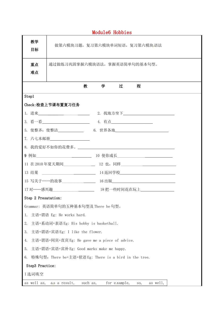 山东省聊城市高唐县八年级英语下册 Module 6 Hobbies教案 （新版）外研版-（新版）外研版初中八年级下册英语教案_第1页