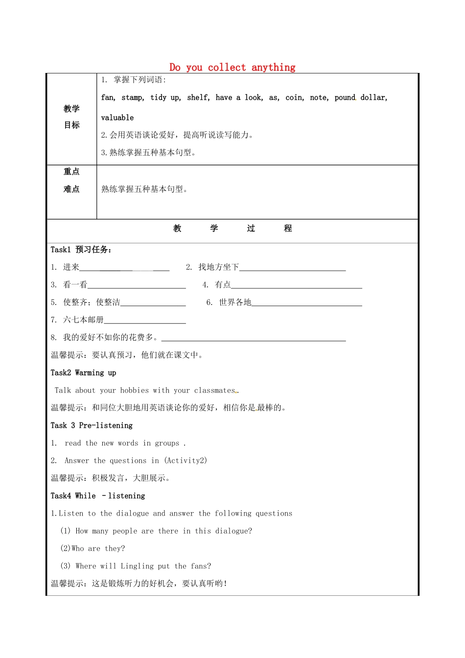 山东省聊城市高唐县八年级英语下册 Module 6 Hobbies Unit 1 Do you collect anything教案1 （新版）外研版-（新版）外研版初中八年级下册英语教案_第1页