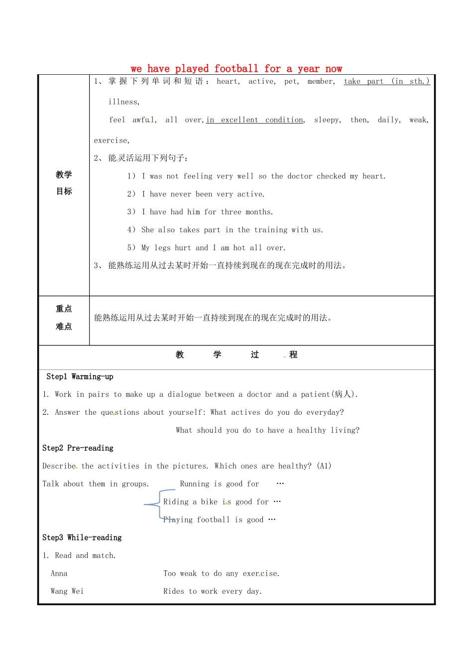 山东省聊城市高唐县八年级英语下册 Module 4 Seeing the doctor Unit 2 We have played football for a year now教案1 （新版）外研版-（新版）外研版初中八年级下册英语教案_第1页